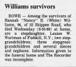 Hannah "Nancy"  E (White) Williams; obituary
